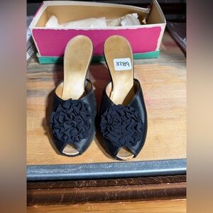 #3289-Black Peep-Toe Slide Heels with Rosette Accent